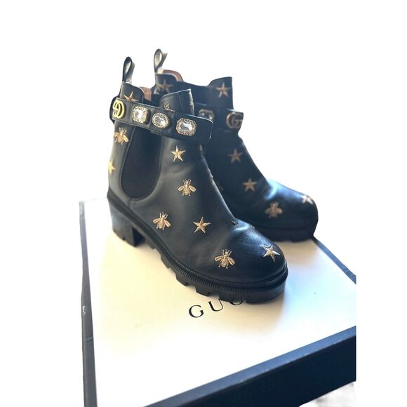 GUCCI Bee Embroidered Leather Booties Black w Box 38.5 - Picture 1 of 6
